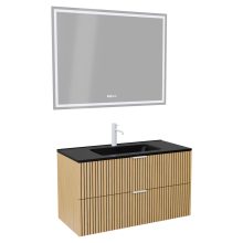 HD Parma Hickory 100 komplett fürdőszoba bútor fali mosdószekrénnyel, matt fehér fogantyúkkal, matt fekete slim mosdóval és tükörrel