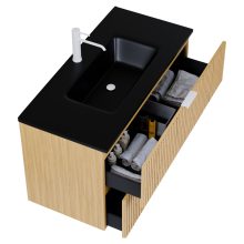 HD Parma Hickory 100 komplett fürdőszoba bútor fali mosdószekrénnyel, matt fehér fogantyúkkal, matt fekete slim mosdóval és tükörrel