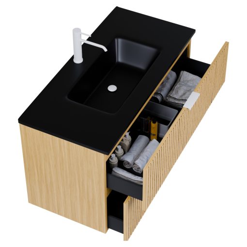 HD Parma Hickory 100 komplett fürdőszoba bútor fali mosdószekrénnyel, matt fehér fogantyúkkal, matt fekete slim mosdóval és tükörrel