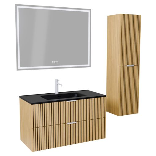 HD Parma Hickory 100 komplett fürdőszoba bútor szett fali mosdószekrénnyel, matt fehér fogantyúkkal, matt fekete slim mosdóval, tükörrel és magasszekrénnyel