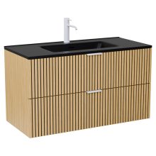 HD Parma Hickory 100 komplett fürdőszoba bútor szett fali mosdószekrénnyel, matt fehér fogantyúkkal, matt fekete slim mosdóval, tükörrel és magasszekrénnyel