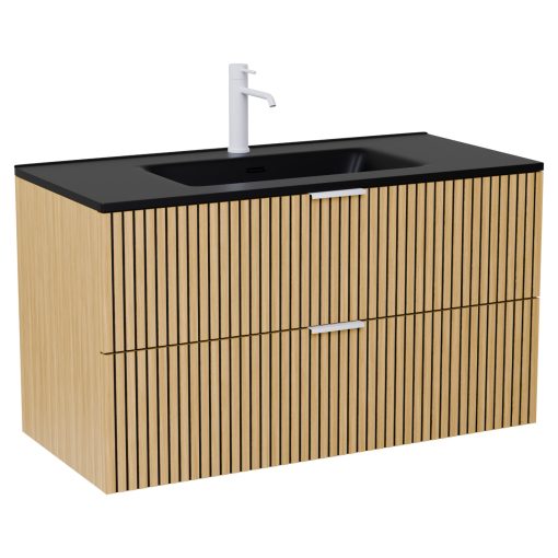 HD Parma Hickory 100 komplett fürdőszoba bútor szett fali mosdószekrénnyel, matt fehér fogantyúkkal, matt fekete slim mosdóval, tükörrel és magasszekrénnyel