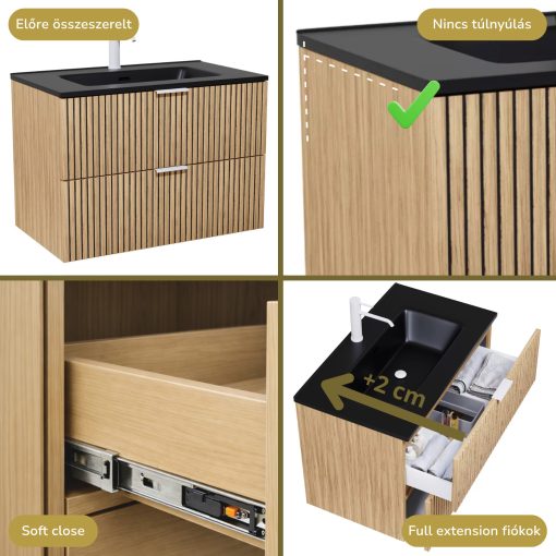 HD Parma Hickory 100 komplett fürdőszoba bútor szett fali mosdószekrénnyel, matt fehér fogantyúkkal, matt fekete slim mosdóval, tükörrel és magasszekrénnyel