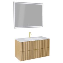 HD Parma Hickory 100 komplett fürdőszoba bútor fali mosdószekrénnyel, szálcsiszolt arany fogantyúkkal, fényes fehér slim mosdóval és tükörrel