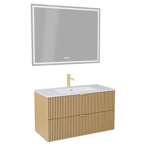 HD Parma Hickory 100 komplett fürdőszoba bútor fali mosdószekrénnyel, szálcsiszolt arany fogantyúkkal, fényes fehér slim mosdóval és tükörrel