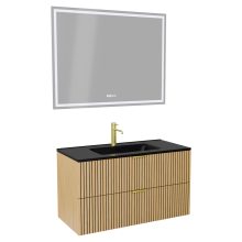 HD Parma Hickory 100 komplett fürdőszoba bútor fali mosdószekrénnyel, szálcsiszolt arany fogantyúkkal, matt fekete slim mosdóval és tükörrel