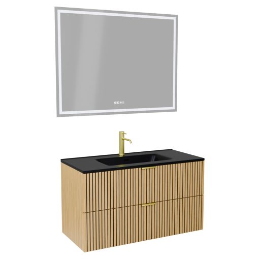 HD Parma Hickory 100 komplett fürdőszoba bútor fali mosdószekrénnyel, szálcsiszolt arany fogantyúkkal, matt fekete slim mosdóval és tükörrel