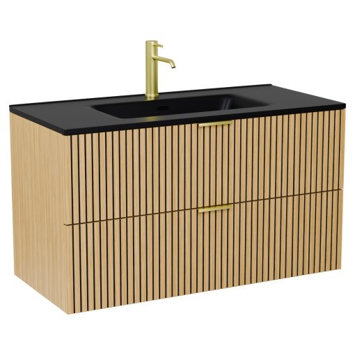 HD Parma Hickory 100 komplett fürdőszoba bútor fali mosdószekrénnyel, szálcsiszolt arany fogantyúkkal, matt fekete slim mosdóval és tükörrel