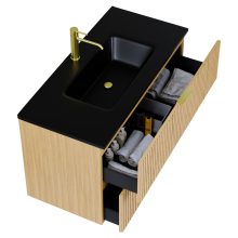 HD Parma Hickory 100 komplett fürdőszoba bútor fali mosdószekrénnyel, szálcsiszolt arany fogantyúkkal, matt fekete slim mosdóval és tükörrel