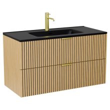 HD Parma Hickory 100 komplett fürdőszoba bútor szett fali mosdószekrénnyel, szálcsiszolt arany fogantyúkkal, matt fekete slim mosdóval, tükörrel és magasszekrénnyel