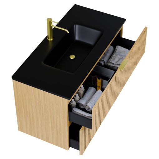 HD Parma Hickory 100 komplett fürdőszoba bútor szett fali mosdószekrénnyel, szálcsiszolt arany fogantyúkkal, matt fekete slim mosdóval, tükörrel és magasszekrénnyel