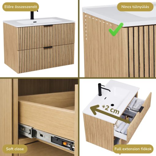 HD Parma Hickory 100 komplett fürdőszoba bútor fali mosdószekrénnyel, matt fekete fogantyúkkal, fényes fehér slim mosdóval és tükörrel