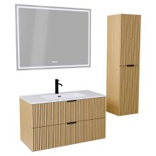 HD Parma Hickory 100 komplett fürdőszoba bútor szett fali mosdószekrénnyel, matt fekete fogantyúkkal, fényes fehér slim mosdóval, tükörrel és magasszekrénnyel