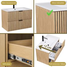 HD Parma Hickory 100 komplett fürdőszoba bútor szett fali mosdószekrénnyel, matt fekete fogantyúkkal, fényes fehér slim mosdóval, tükörrel és magasszekrénnyel