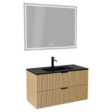 HD Parma Hickory 100 komplett fürdőszoba bútor fali mosdószekrénnyel, matt fekete fogantyúkkal, matt fekete slim mosdóval és tükörrel