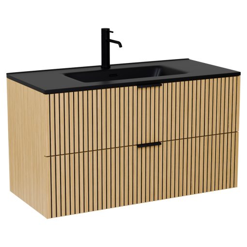 HD Parma Hickory 100 komplett fürdőszoba bútor fali mosdószekrénnyel, matt fekete fogantyúkkal, matt fekete slim mosdóval és tükörrel