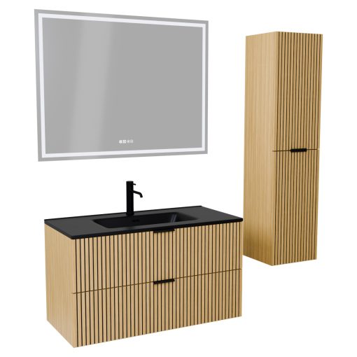 HD Parma Hickory 100 komplett fürdőszoba bútor szett fali mosdószekrénnyel, matt fekete fogantyúkkal, matt fekete slim mosdóval, tükörrel és magasszekrénnyel