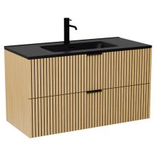 HD Parma Hickory 100 komplett fürdőszoba bútor szett fali mosdószekrénnyel, matt fekete fogantyúkkal, matt fekete slim mosdóval, tükörrel és magasszekrénnyel