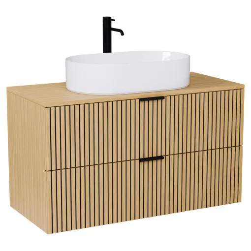 HD Palma Hickory 100/120 fali mosdószekrény hikoridió színű mosdópulttal és matt fekete fogantyúkkal