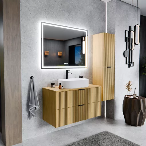 HD Palma Hickory 100/120 fali mosdószekrény hikoridió színű mosdópulttal és matt fekete fogantyúkkal