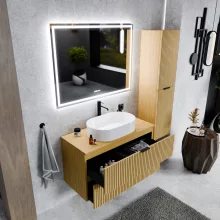 HD Palma Hickory 100/120 fali mosdószekrény hikoridió színű mosdópulttal és matt fekete fogantyúkkal