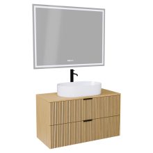 HD Palma Hickory 100/120 komplett fürdőszoba bútor fali mosdószekrénnyel, hikoridió színű mosdópulttal, matt fekete fogantyúkkal és tükörrel