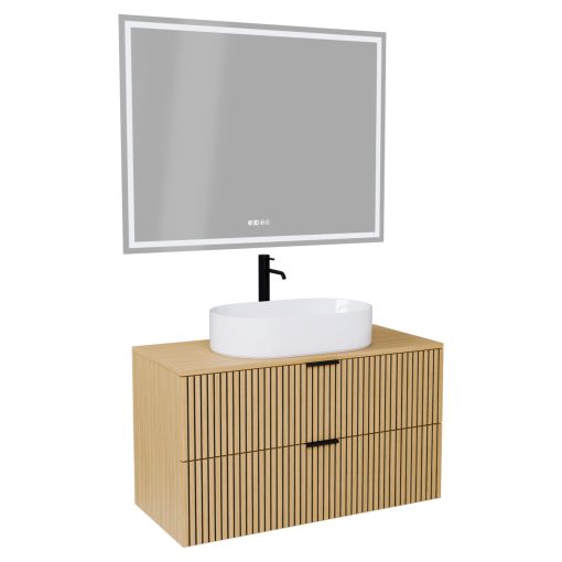 HD Palma Hickory 100/120 komplett fürdőszoba bútor fali mosdószekrénnyel, hikoridió színű mosdópulttal, matt fekete fogantyúkkal és tükörrel