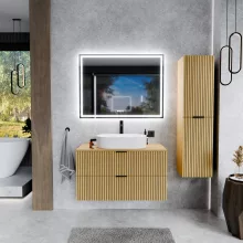 HD Palma Hickory 100/120 komplett fürdőszoba bútor fali mosdószekrénnyel, hikoridió színű mosdópulttal, matt fekete fogantyúkkal és tükörrel