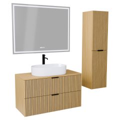   HD Palma Hickory 100 komplett fürdőszoba bútor szett fali mosdószekrénnyel, hikoridió színű mosdópulttal, matt fekete fogantyúkkal, tükörrel és magasszekrénnyel