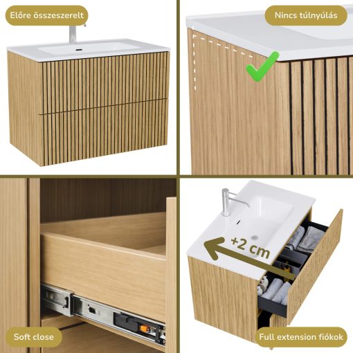 HD Parma Pro Hickory 100 fali mosdószekrény, push-to-open mechanizmussal és fényes fehér slim mosdóval