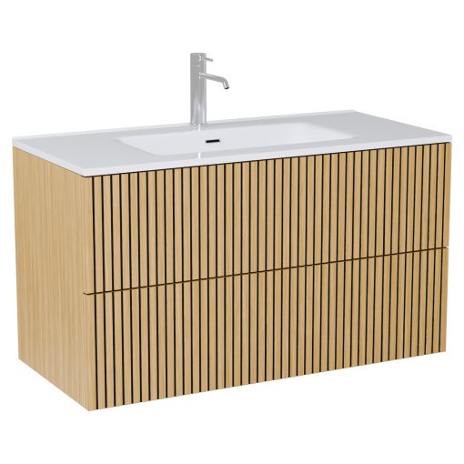 HD Parma Pro Hickory 100 komplett fürdőszoba bútor szett fali push-to-open mosdószekrénnyel, fényes fehér slim mosdóval, tükörrel és magasszekrénnyel