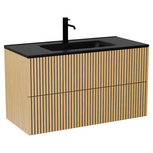 HD Parma Pro Hickory 100 fali mosdószekrény, push-to-open mechanizmussal és matt fekete slim mosdóval