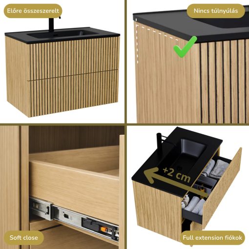 HD Parma Pro Hickory 100 fali mosdószekrény, push-to-open mechanizmussal és matt fekete slim mosdóval