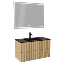 HD Parma Pro Hickory 100 komplett fürdőszoba bútor fali push-to-open mosdószekrénnyel, matt fekete slim mosdóval és tükörrel