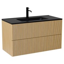 HD Parma Pro Hickory 100 komplett fürdőszoba bútor fali push-to-open mosdószekrénnyel, matt fekete slim mosdóval és tükörrel