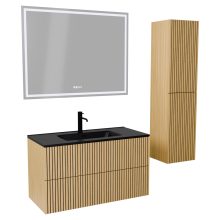 HD Parma Pro Hickory 100 komplett fürdőszoba bútor szett fali push-to-open mosdószekrénnyel, matt fekete slim mosdóval, tükörrel és magasszekrénnyel