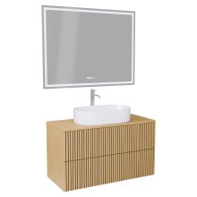 HD Palma Pro Hickory 100 komplett fürdőszoba bútor fali push-to-open mosdószekrénnyel, hikoridió színű mosdópulttal és tükörrel