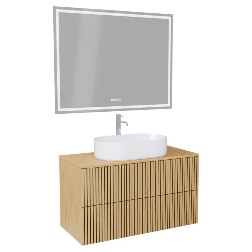 HD Palma Pro Hickory 100 komplett fürdőszoba bútor fali push-to-open mosdószekrénnyel, hikoridió színű mosdópulttal és tükörrel