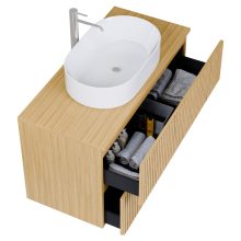 HD Palma Pro Hickory 100 komplett fürdőszoba bútor fali push-to-open mosdószekrénnyel, hikoridió színű mosdópulttal és tükörrel