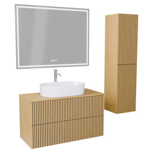 HD Palma Pro Hickory 100 komplett fürdőszoba bútor szett fali push-to-open mosdószekrénnyel, hikoridió színű mosdópulttal, tükörrel és magasszekrénnyel