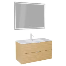 HD Palermo Hickory 100 komplett fürdőszoba bútor fali mosdószekrénnyel, matt fehér fogantyúkkal, fényes fehér slim mosdóval és tükörrel