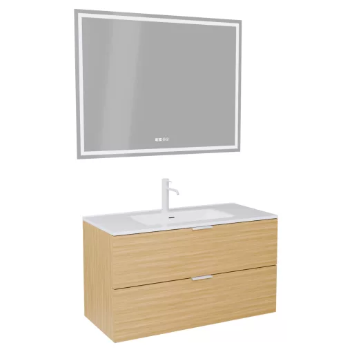 HD Palermo Hickory 100 komplett fürdőszoba bútor fali mosdószekrénnyel, matt fehér fogantyúkkal, fényes fehér slim mosdóval és tükörrel