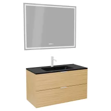 HD Palermo Hickory 100 komplett fürdőszoba bútor fali mosdószekrénnyel, matt fehér fogantyúkkal, matt fekete slim mosdóval és tükörrel