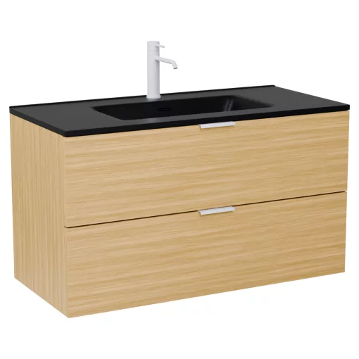 HD Palermo Hickory 100 komplett fürdőszoba bútor fali mosdószekrénnyel, matt fehér fogantyúkkal, matt fekete slim mosdóval és tükörrel