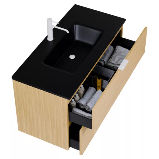 HD Palermo Hickory 100 komplett fürdőszoba bútor fali mosdószekrénnyel, matt fehér fogantyúkkal, matt fekete slim mosdóval és tükörrel