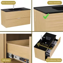 HD Palermo Hickory 100 komplett fürdőszoba bútor fali mosdószekrénnyel, matt fehér fogantyúkkal, matt fekete slim mosdóval és tükörrel