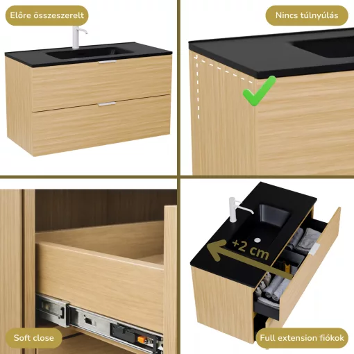 HD Palermo Hickory 100 komplett fürdőszoba bútor fali mosdószekrénnyel, matt fehér fogantyúkkal, matt fekete slim mosdóval és tükörrel