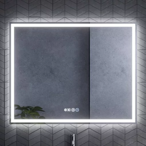 HD Palermo Hickory 100 komplett fürdőszoba bútor fali mosdószekrénnyel, matt fehér fogantyúkkal, matt fekete slim mosdóval és tükörrel