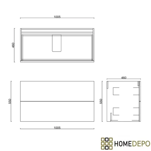 HD Palermo Hickory 100 komplett fürdőszoba bútor fali mosdószekrénnyel, matt fehér fogantyúkkal, matt fekete slim mosdóval és tükörrel