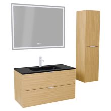 HD Palermo Hickory 100 komplett fürdőszoba bútor szett fali mosdószekrénnyel, matt fehér fogantyúkkal, matt fekete slim mosdóval, tükörrel és magas szekrénnyel